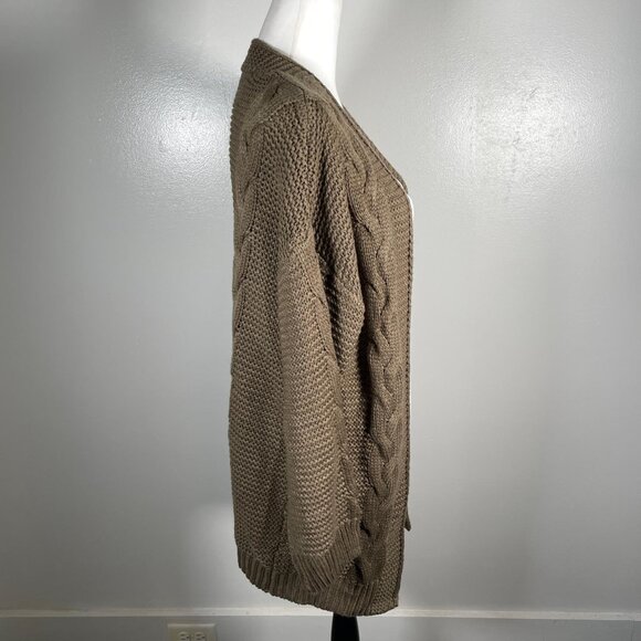 Olive Green Shawl Neck Open Front Waffle Cable Knit 3/4 Sleeve Cardigan L - Picture 8 of 11